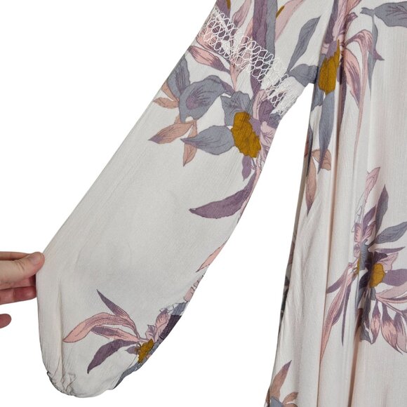 Free People Floral High-Low Tunic Blouse Pockets Flowy Gauzy Keyhole Neck Pink M - Picture 9 of 12